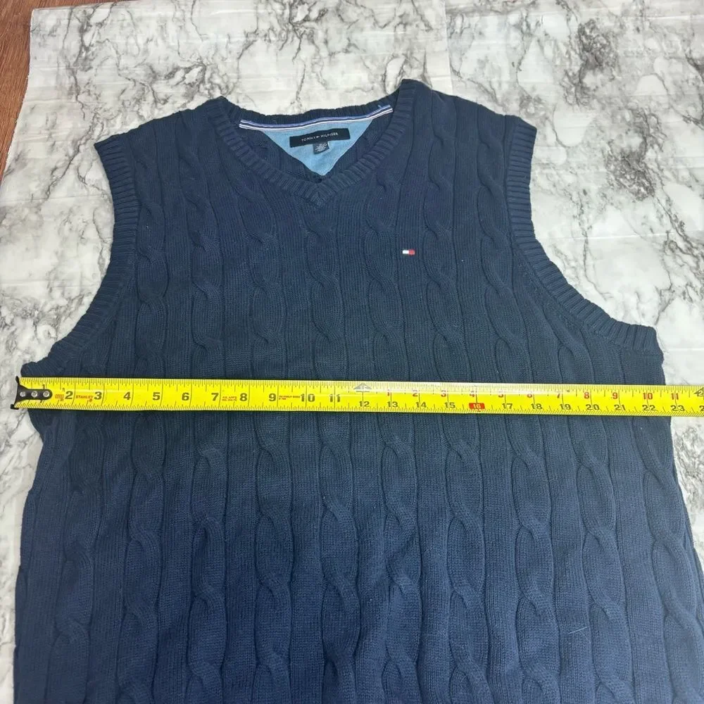 Tommy Hilfiger Knit sweater vest 100% Cotton v neck navy blue size XL preppy